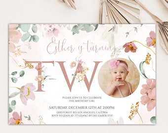 Printable Birthday Girl Invitation Template, Watercolor Flowers 2nd Birthday Invite with Photo, Instant Download, Editable, 51BB