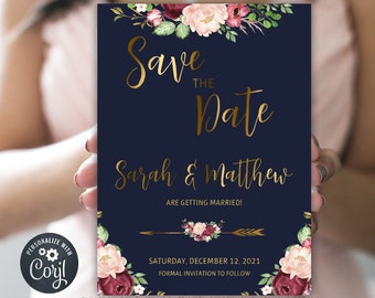 Save the Date Template, Save the Date Cards, Printable Save the Date, Burgundy, Instant Download, 04