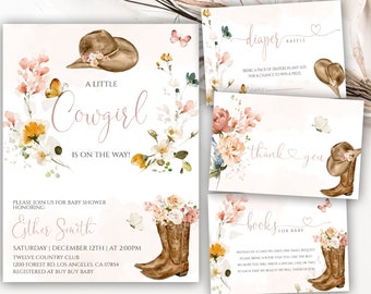 Little Cowgirl Baby Shower Invitation Suite, A Little Cowgirl is on the Way, Country Cowgirl Boots, Western Boots Baby Shower Invite, 29BB