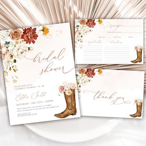 Boho Bridal Shower Invitation Set, Cowgirl Boots Bridal Shower Invite, Thank You Cards, Recipe Cards, Bridal Brunch, Cowboy, Editable, 64BS