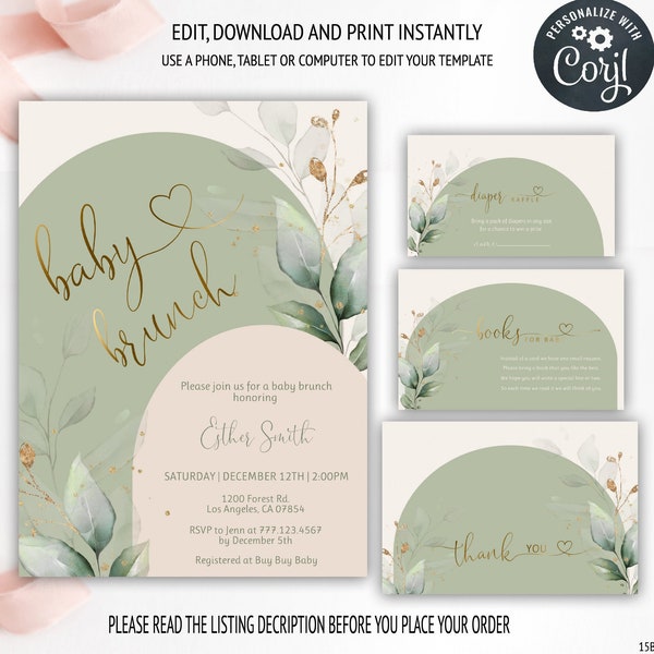 Sage Green Boho Arch Baby Brunch Invitation Set, Boho Greenery Baby Shower Brunch, Gender Neutral Baby Shower Invite, Printable, 15BB