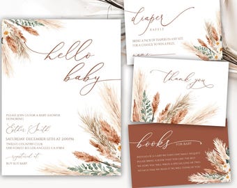 Boho Baby Shower Invitation, Baby Shower Invitation Template, Pampas Baby Shower Suite, Terracotta Baby Shower Invite, Gender Neutral, 26BB