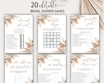 Boho Bridal Shower Games Bundle Terracotta Pampas Editable Instant Download 59BS