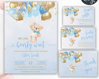 Editable Teddy Bear Baby Shower Invitation Boy, Bear with Balloons, Bear Themed Baby Shower Invite Bundle, Instant Download, Template, 8B