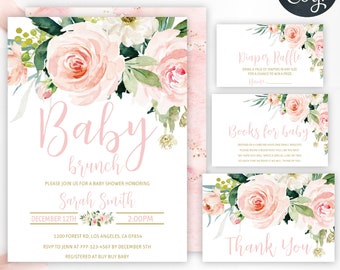 Blush Pink Floral Baby Brunch Invitation Template, Printable Baby Shower Invitation Girl Bundle, Instant Download, 01