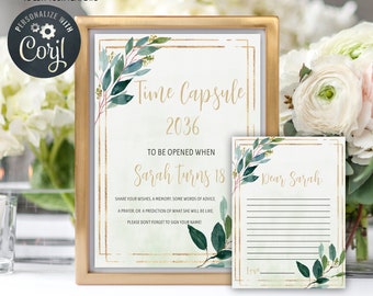 Greenery Time Capsule 1st Birthday, First Birthday Time capsule Printable, Instant Download, Time Capsule Sign with Message Cards 3b