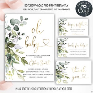 Oh Baby Invitation, Baby Shower Invitation, Greenery Baby Shower Invite,  Printable Invitation, Instant Download, Editable Template, 5B