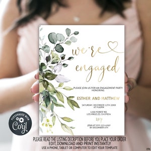 Engagement Invitations, Engagement Invites, Greenery & Gold, Engagement Invitations Printable, Invitation Template, Instant Download, 09b