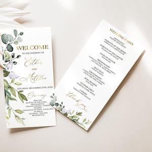 Programa de boda, Plantilla de programa de boda, Descargar plantilla de programa de boda, Plantilla de programa de ceremonia de boda con vegetación de eucalipto, 09W
