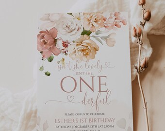 Girl 1st Birthday Invitation Boho Floral Editable Instant Download 47BB