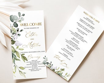 Wedding Program, Wedding Program Template, Wedding Program Template Download, Eucalyptus Greenery Wedding Ceremony Program Template, 09W