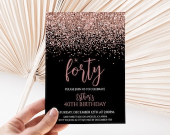 40th Birthday Invitation Rose Gold Glitter Party Invite Editable Instant Download 37BI