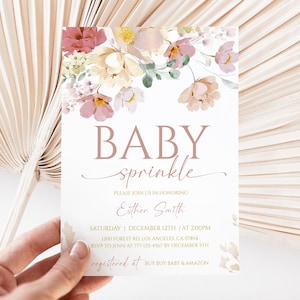 Invitación editable para baby shower con temática de flores silvestres. Invitación floral para baby shower de primavera. Descarga instantánea. Imprimible. 65BB