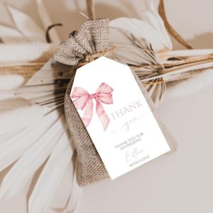 Editable Pink Bow Baby Shower Gift Tags, Ribbon Bow Baby Shower Thank You Tags, Bow Girl Baby Shower Party Favors, 88BB