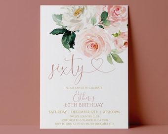 60th Birthday Invitation for Women Blush Floral Party Invite Editable Template Instant Download