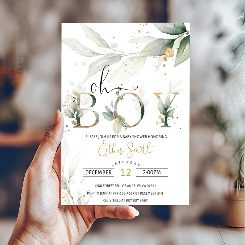 Oh Boy Baby Shower Invitation Bundle Greenery Editable Instant Download 4BB image 6