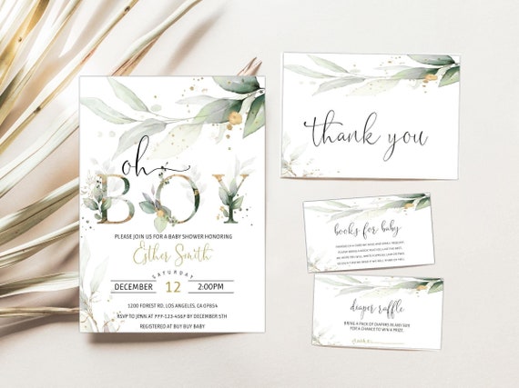 Oh Boy Baby Shower Bundle, Greenery Baby Shower Invitation, Baby Boy Leaf Invitation, Green and Gold, Editable Template, 4B