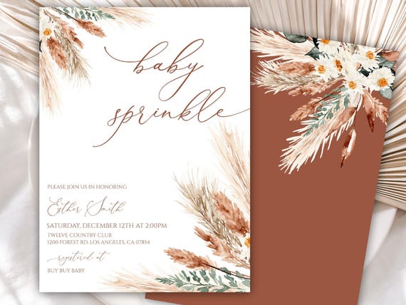 Baby Sprinkle Invitation Template, Boho Baby Sprinkle Invite, Pampas Baby Shower Invitation, Terracotta Invite, Dried Flowers, 26BB