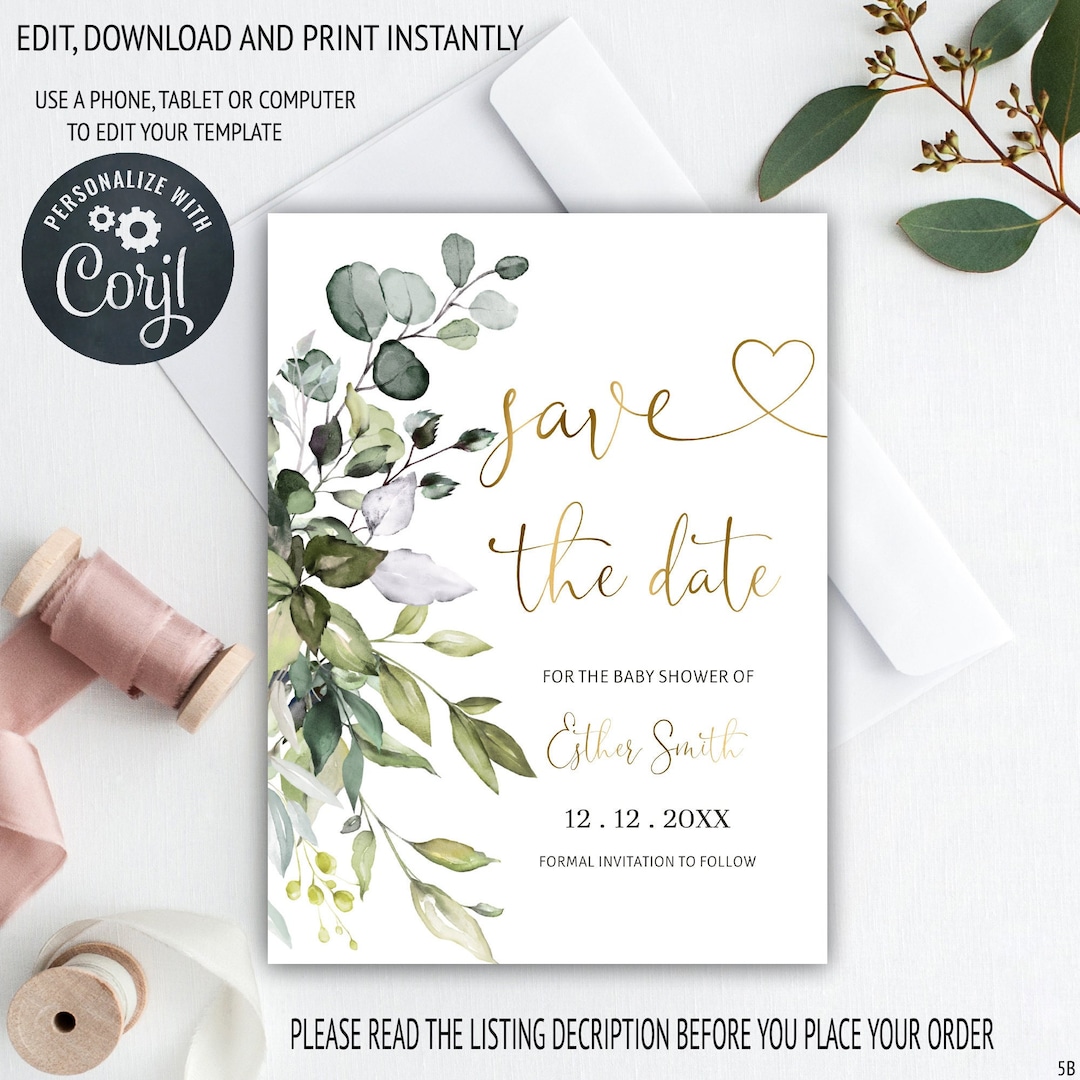 Greenery Baby Shower Save the Date Template, Eucalyptus Save the Date