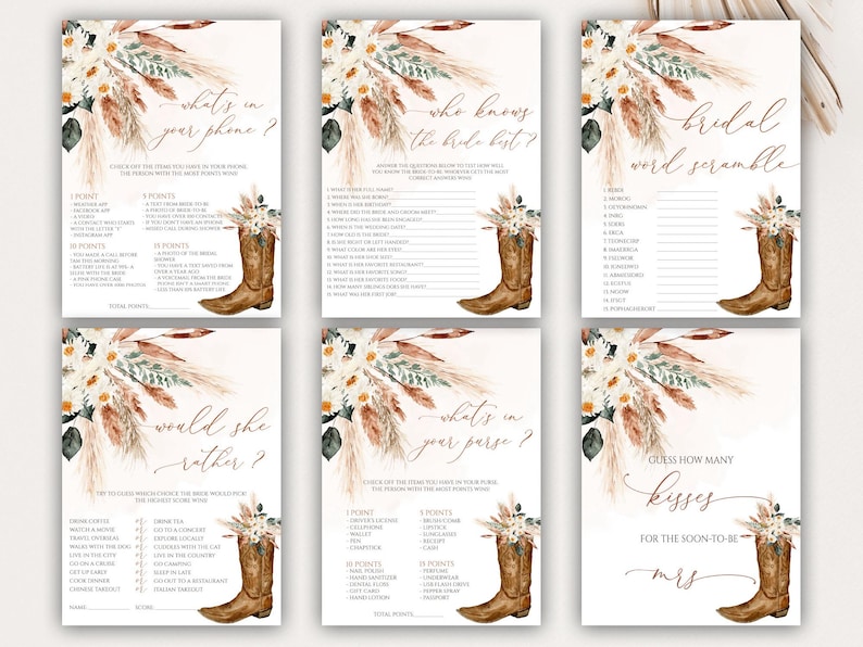 Cowgirl Boots Western Boho Bridal Shower Games Bundle Editable Instant Download