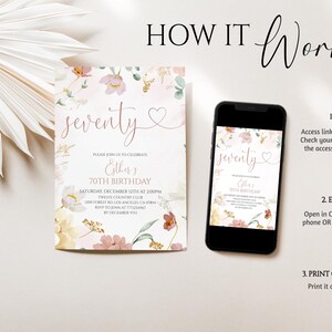 May include: A digital birthday invitation template featuring floral illustrations in soft pink, yellow, and green tones. The text reads seventy, Esther's 70th Birthday, and event details. A smartphone displays the same design next to instructions.
