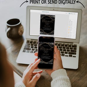 May include: A laptop and smartphone displaying a retirement party invitation. The invitation features a black background with gold accents and the text "Retirement Party" and "Elle Smith". The image also includes the text "Mobile or Desktop" and "Print or Send Digitally".