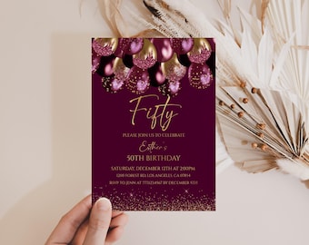 Invitación de cumpleaños número 50 para mujer, fiesta con globos color burdeos y dorado, editable, descarga instantánea 131BI