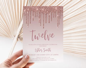 May include: A rectangular birthday invitation card featuring a rose gold glitter drip effect at the top, fading into a light pink gradient background. The text reads twelve, Please join us for a birthday celebration honoring Esther Smith, Saturday December 12th at 2:00PM, Twelve Country Club, 1200 Forest Rd, Los Angeles, CA 90814, RSVP to Jenn at 7771234567 by December 5th.