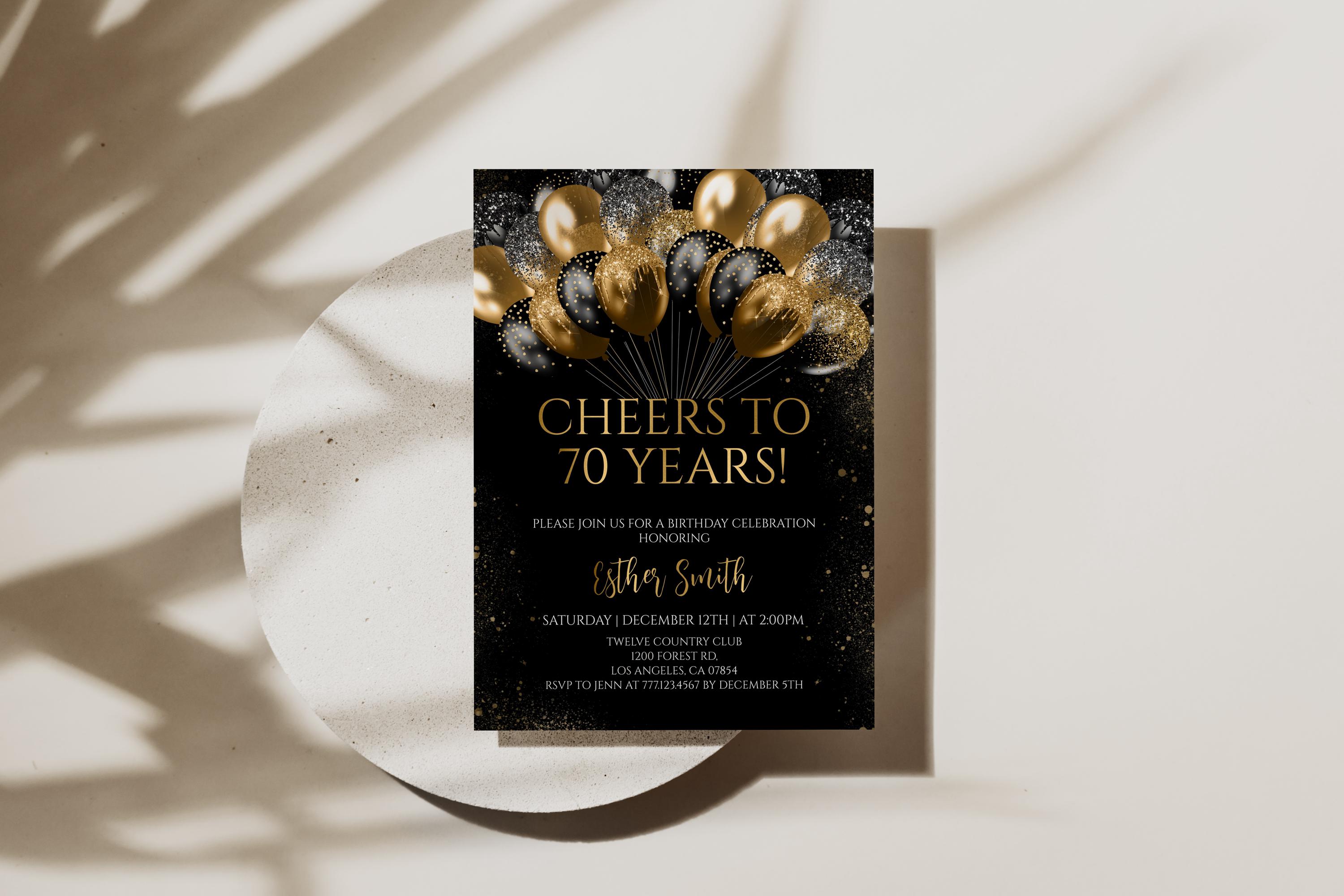 70th Birthday Party Invitation Black Gold Balloon Invite Instant ...