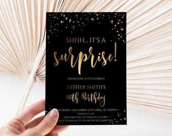 Surprise Birthday Invitation Black Gold Party Invite Editable Instant Download
