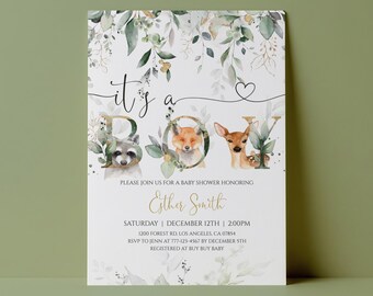 May include: A baby shower invitation card featuring watercolor greenery and woodland animals. The text reads it's a boy, Esther Smith, Saturday December 12th 2:00PM, 1200 Forest Rd. Los Angeles, CA 07854, RSVP to Jenn at 777-123-4567 by December 5th.