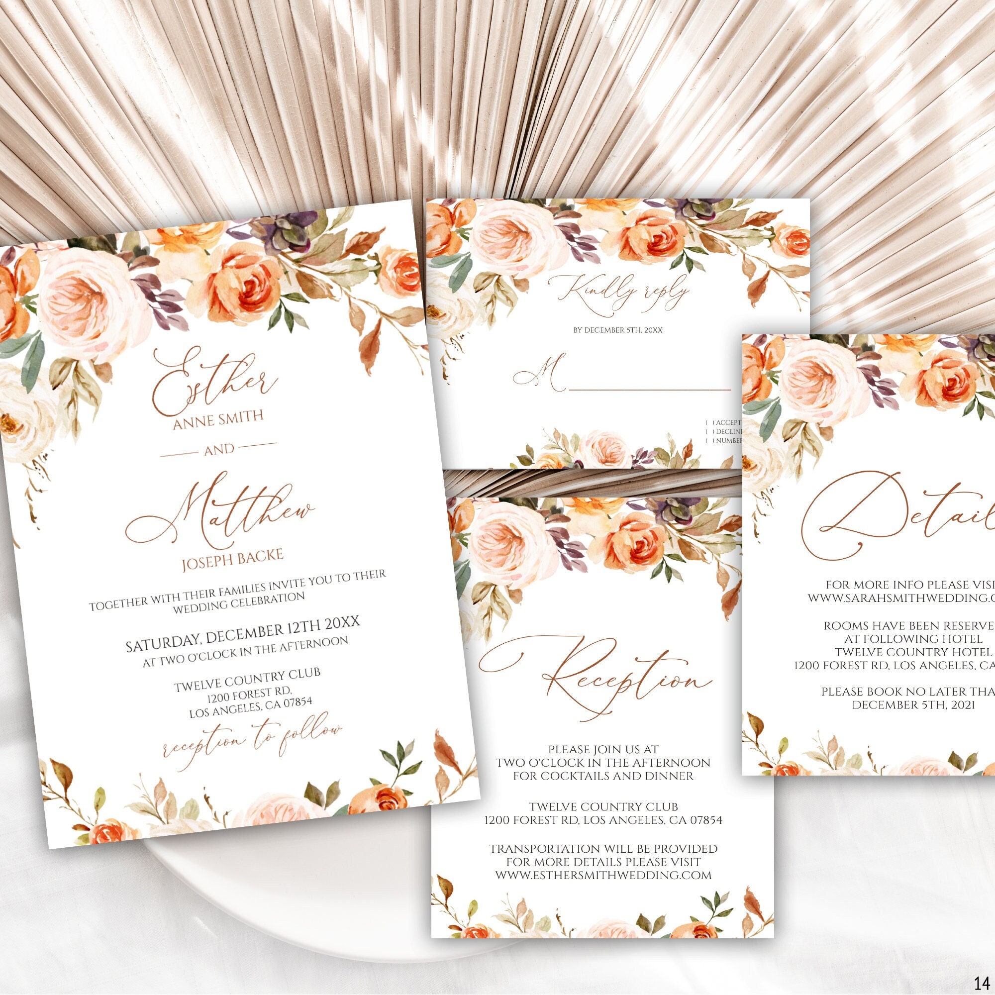 Boho Wedding Invitation Modern Boho Invitation Template Fall Wedding Invitation Wedding Invitation Set Autumn Leaves Rustic