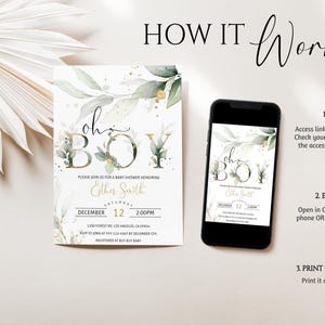 May include: A baby shower invitation with the text "oh BOY" in gold and green, along with event details. A smartphone displays the invitation, and instructions on how to purchase, edit, and print the invitation are also shown.