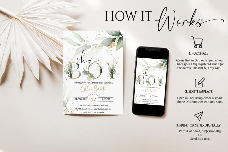 May include: A baby shower invitation with the text "oh BOY" in gold and green, along with event details. A smartphone displays the invitation, and instructions on how to purchase, edit, and print the invitation are also shown.