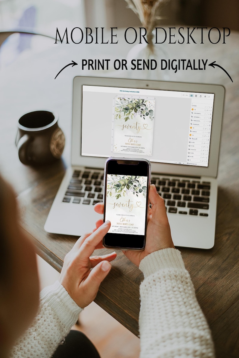 May include: A digital birthday invitation template displayed on a laptop screen and a smartphone screen. The invitation features a floral design with green leaves and the text seventy, along with placeholder details for a 70th birthday celebration.