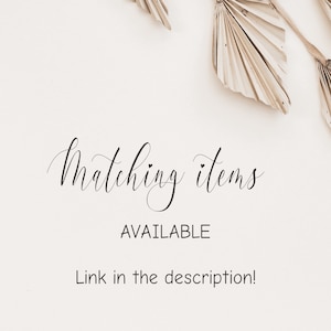 May include: A white graphic card featuring the black cursive text Matching items, the capitalized black text AVAILABLE, and the black text Link in the description! with a beige dried palm leaf element in the upper right corner of the frame.