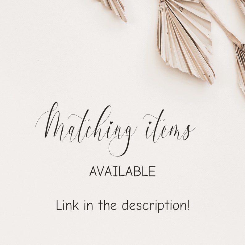 May include: A white graphic card featuring the black cursive text Matching items, the capitalized black text AVAILABLE, and the black text Link in the description! with a beige dried palm leaf element in the upper right corner of the frame.