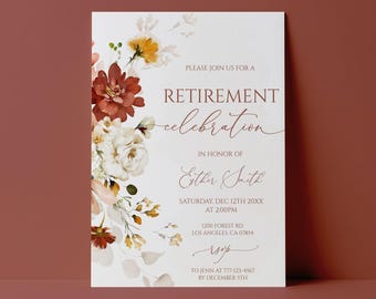 May include: A white retirement celebration invitation card featuring a floral arrangement of deep red, cream, and yellow flowers on the left side. The text reads: PLEASE JOIN US FOR A RETIREMENT celebration IN HONOR OF Esther Smith SATURDAY, DEC 12TH 20XX AT 2:00PM 1200 FOREST RD. LOS ANGELES, CA 07854 RSVP TO JENN AT 777-123-4567 BY DECEMBER 5TH.
