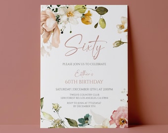 60th Birthday Invitation for Women Spring Floral Party Invite Editable Instant Download