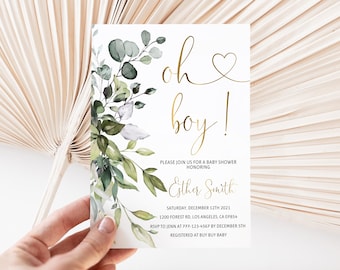 Invito per baby shower per maschietto con decorazioni verdi ed eucalipto, "Oh Boy" - Scaricabile gratuitamente (5BB)