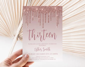 13th Birthday Invitation for Girl Rose Gold Teen Party Invite Editable Template Instant Download