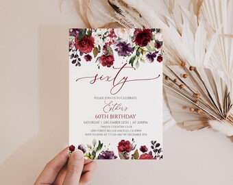 60th Birthday Invitation Burgundy Floral Party Invite for Women Editable Instant Download 62BI