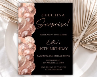 Editable Surprise Birthday Party Invitation, Rose Gold Birthday Invitation, Balloons Birthday Invitation Template, 117BI