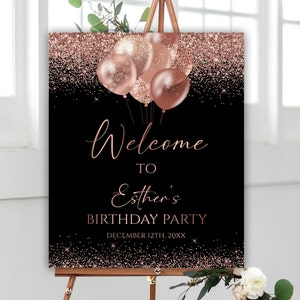 Editable Birthday Welcome Sign, Rose Gold Balloons Birthday Welcome Poster, Glitter Confetti Birthday Decoration, 123BI