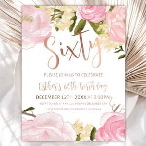 Editable Pink Floral 60th Birthday Invitation, Blush Pink Floral Birthday Invite, Floral Sixty Birthday Dinner Invitation, 158BI