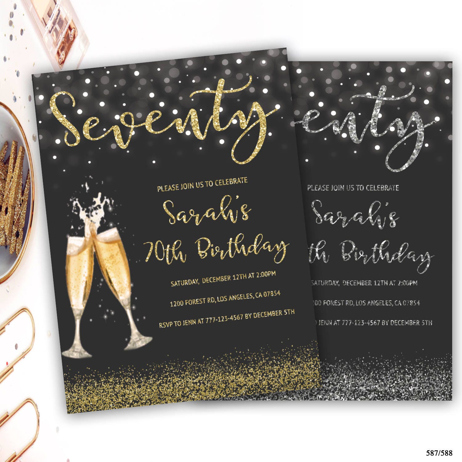 70th birthday invitation champagne glass birthday invitation Etsy