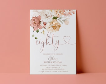 Floral 80th Birthday Invitation for Women Blush Pink Editable Template Digital Download