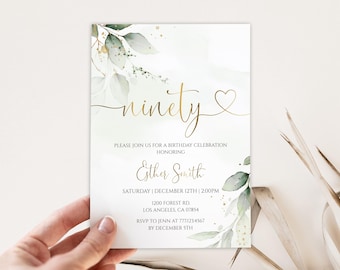 Editable Eucalyptus 90th Birthday Invitation Botanical Party Invite Printable Template Digital Download 109BI