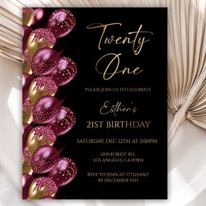 Editable 21st Birthday Invitation, Burgundy and Gold Birthday Balloons Digital Invitation, Birthday Dinner Invitation Template, 119BI