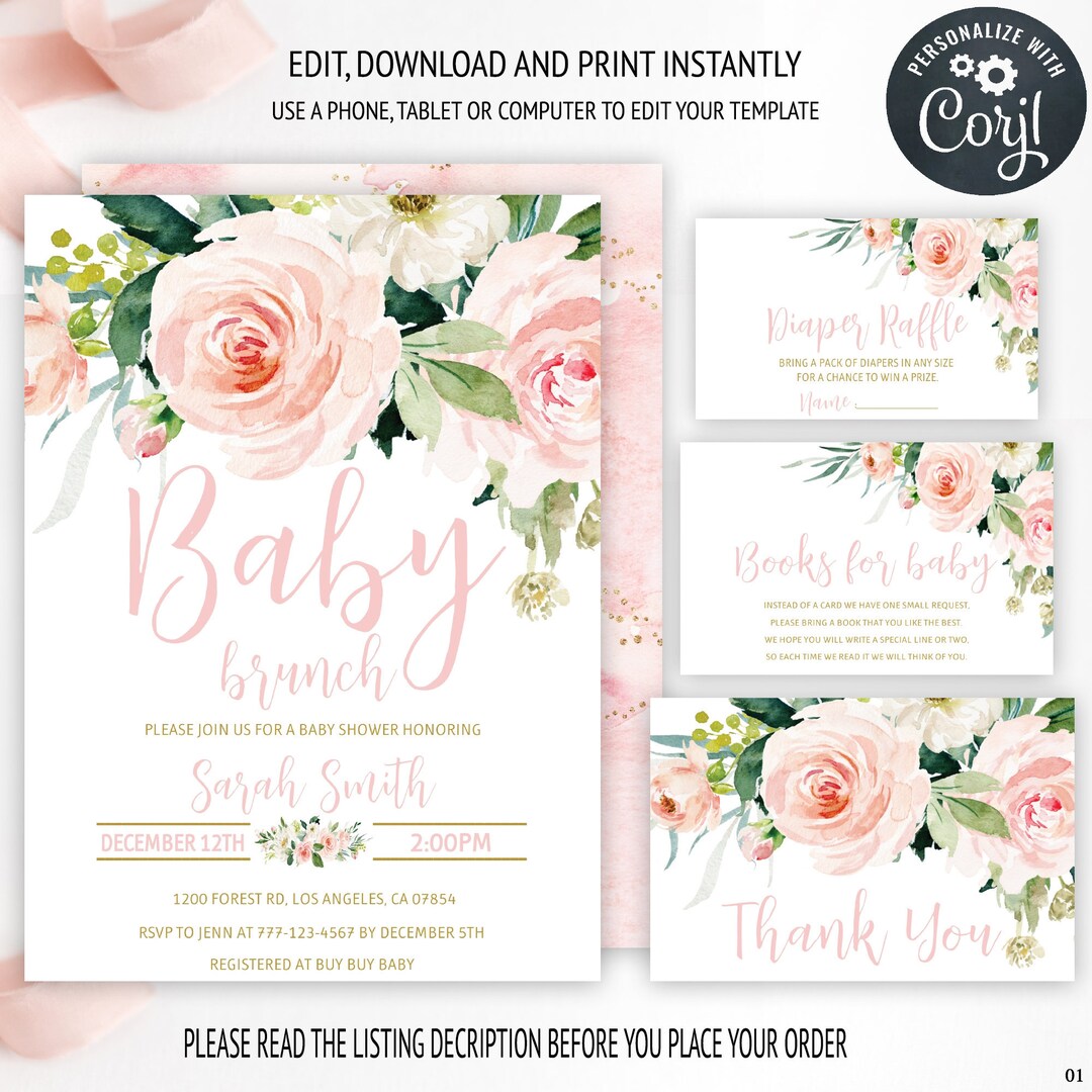 Blush Pink Floral Baby Brunch Invitation Template, Printable Baby ...